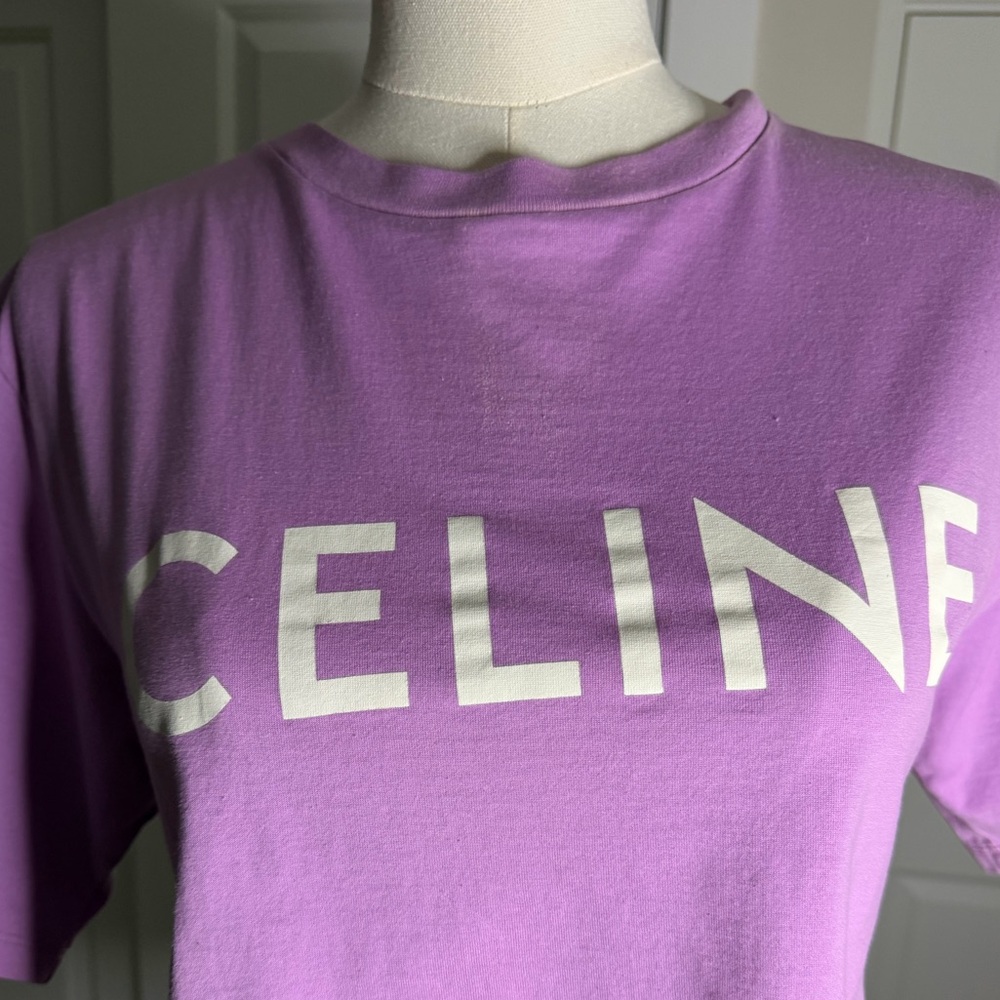 Celine Paris Logo Cropped T Shirt Lavender Purple Cotton Tee XS - Picture 3 of 5